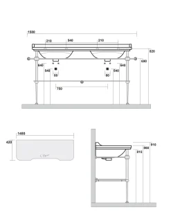 KERASAN S.R.L. Glashyllor|Tvättställ|Art Deco - Dubbeltvättställ 150 cm med kromade ben & glashylla