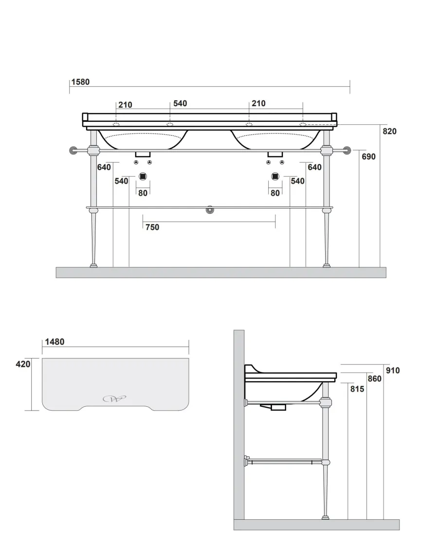 KERASAN S.R.L. Glashyllor|Tvättställ|Art Deco - Dubbeltvättställ 150 cm med kromade ben & glashylla