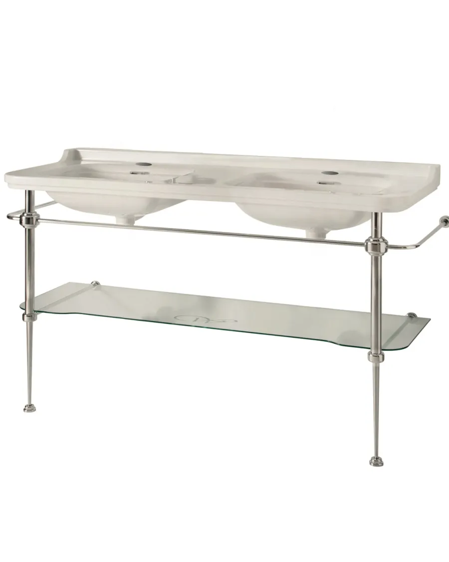 KERASAN S.R.L. Glashyllor|Tvättställ|Art Deco - Dubbeltvättställ 150 cm med kromade ben & glashylla