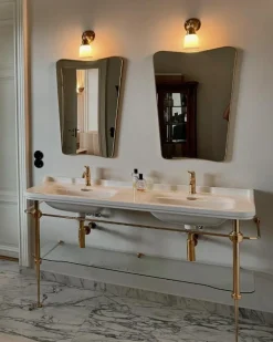 KERASAN S.R.L. Tvättställ|Tvättställ Med Ställning|Art Deco - Dubbeltvättställ 150 cm på guldställning & glashylla