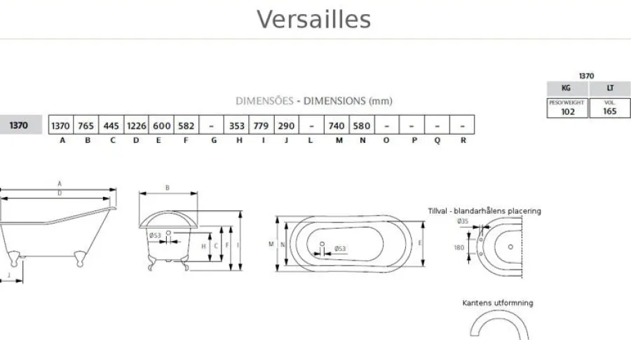 Badex AB Gjutjärnsbadkar|Gjutjärnsbadkar Med Tassar|Badkar - Versailles vit gjutjärn med tassar, 137 cm
