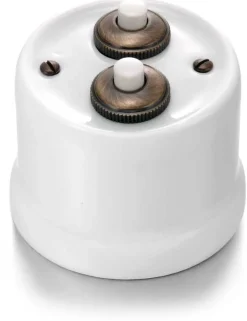Fontini S.A. Dubbel Strömbrytare Med Dimmer|Vit Porslin Utanpå Fontini|Dimmer dubbel tryckknapp vitt porslin/brons - Fontini utanpåliggande