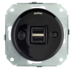 Fontini S.A. Insatser|Insats USB-uttag dubbelt svart porslin - Fontini infällt