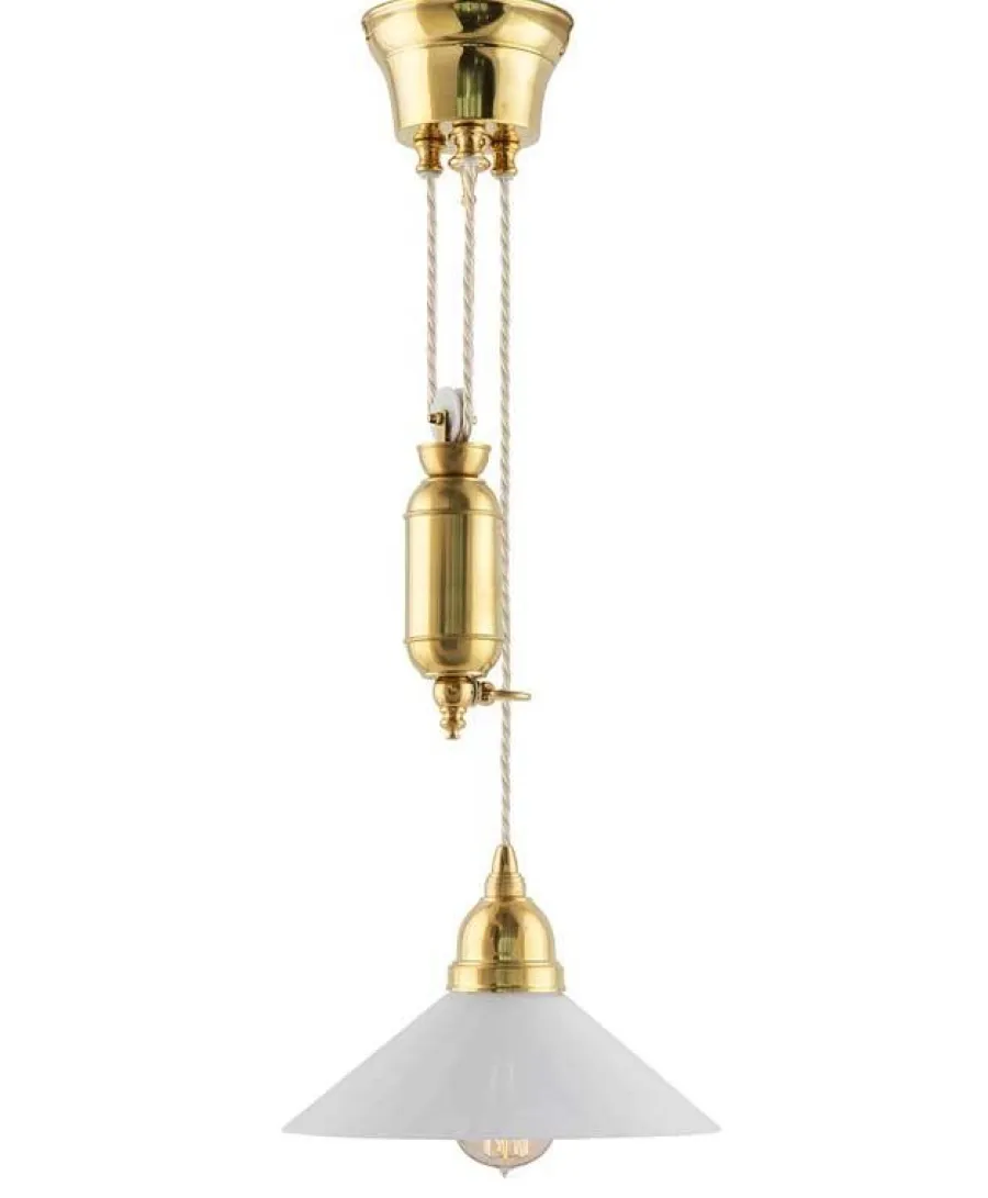 Karlskrona Lampfabrik Skomakarlampor Med Hiss|Skomakarlampor|Taklampa - Skomakarhiss mässing, vit skärm 25 cm