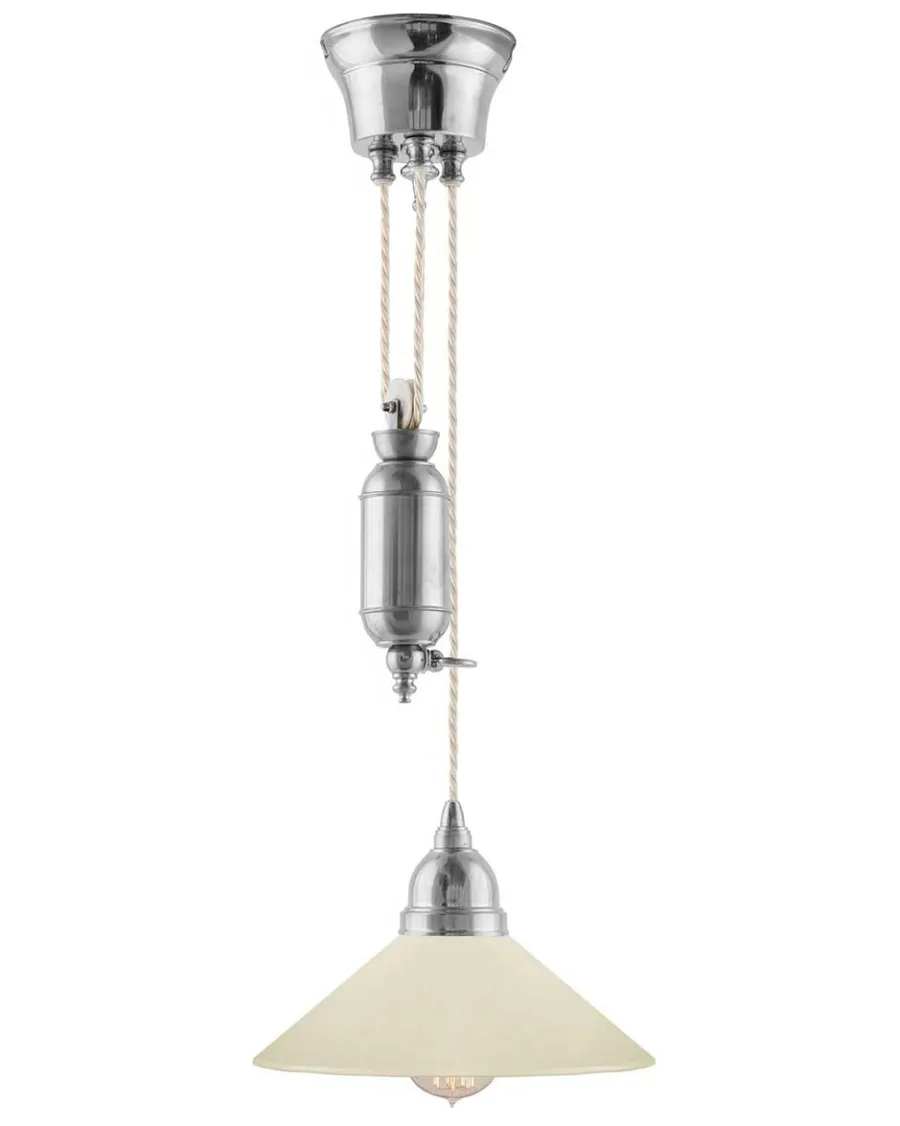 Karlskrona Lampfabrik Skomakarlampor Med Hiss|Skomakarlampor|Taklampa - Skomakarhiss nickel med benvit skärm 25 cm