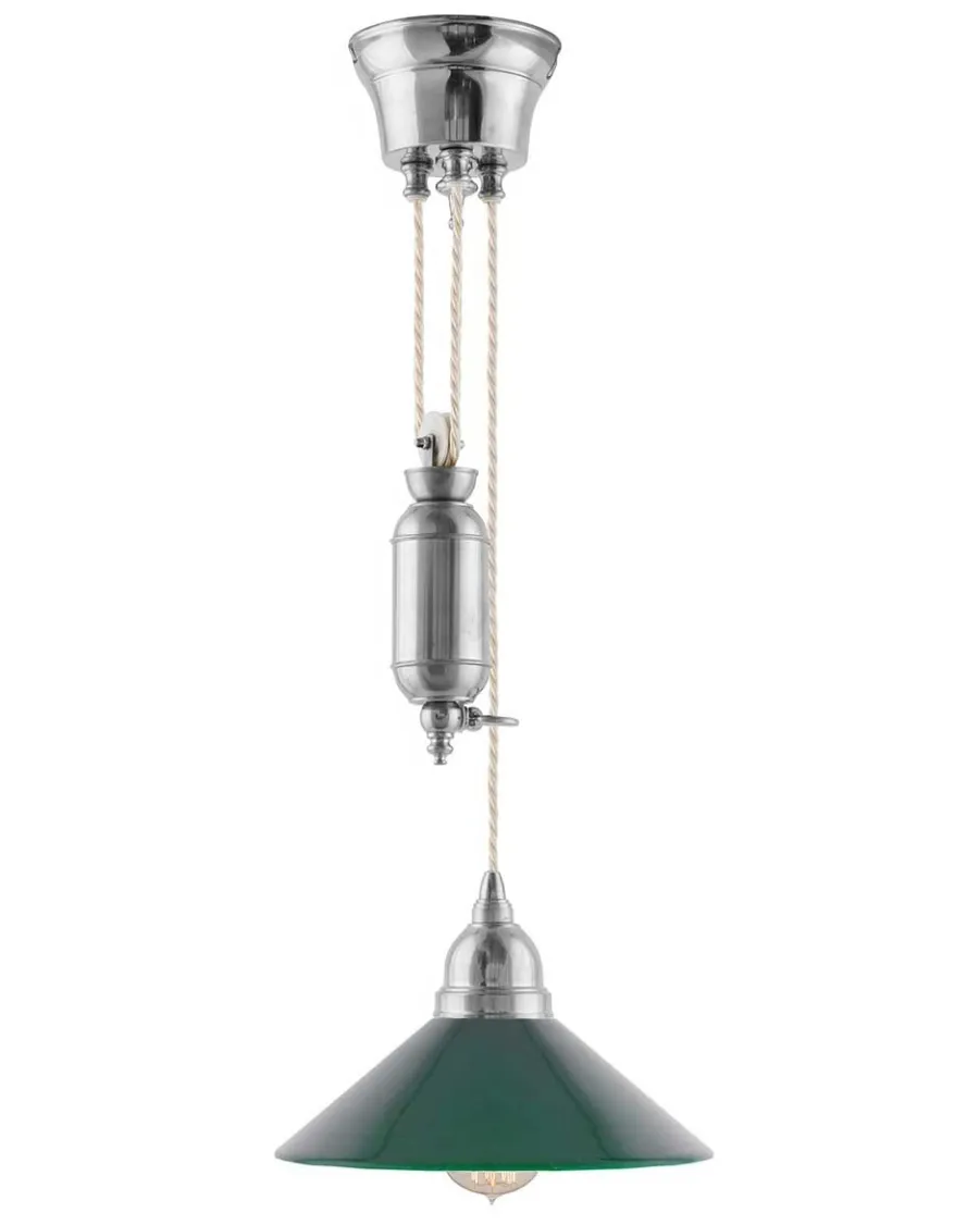 Karlskrona Lampfabrik Skomakarlampor Med Hiss|Skomakarlampor|Taklampa - Skomakarhiss nickel med grön skärm 25 cm