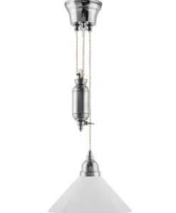 Karlskrona Lampfabrik Skomakarlampor Med Hiss|Skomakarlampor|Taklampa - Skomakarhiss nickel, hög vit skärm 25 cm