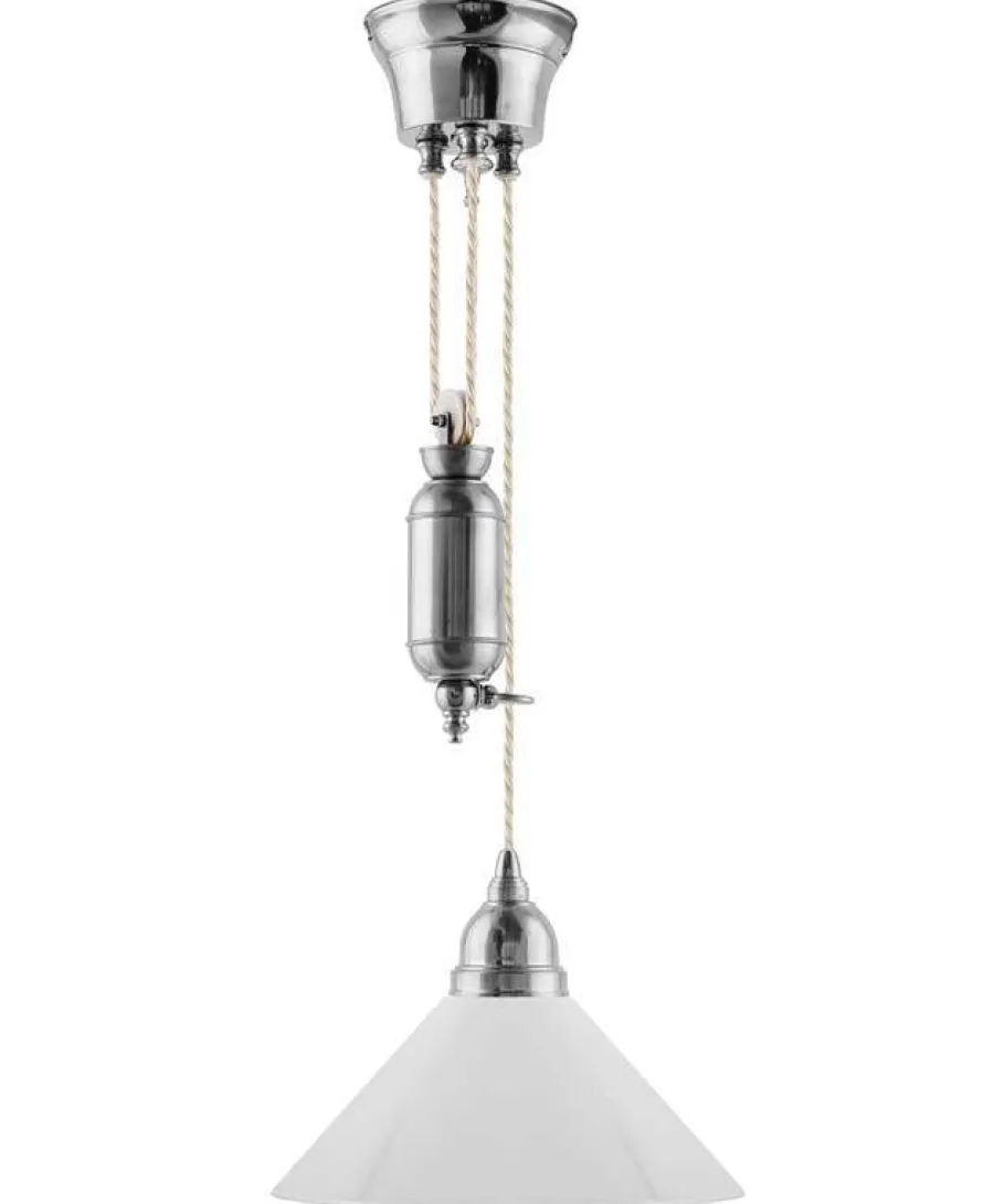 Karlskrona Lampfabrik Skomakarlampor Med Hiss|Skomakarlampor|Taklampa - Skomakarhiss nickel, hög vit skärm 25 cm