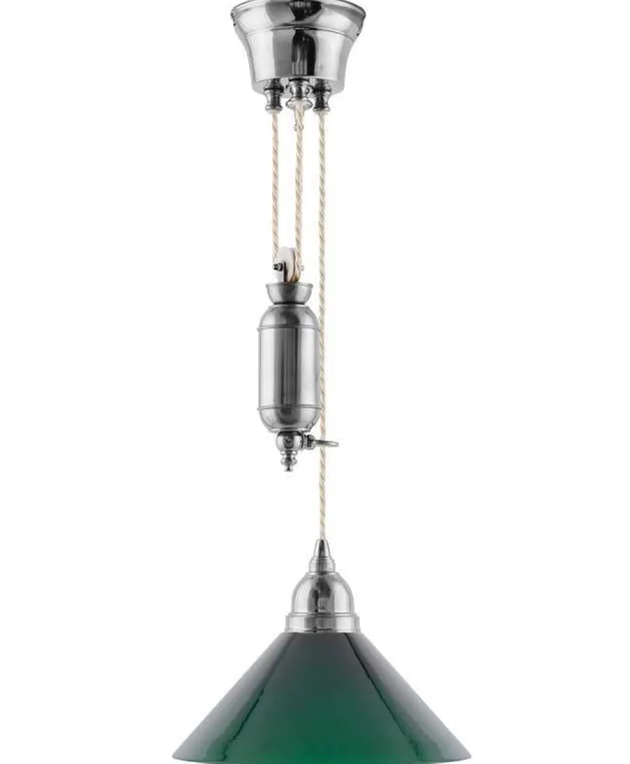 Karlskrona Lampfabrik Skomakarlampor Med Hiss|Skomakarlampor|Taklampa - Skomakarhiss nickel, hög grön skärm 25 cm
