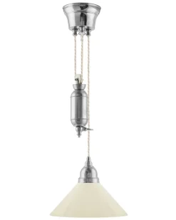 Karlskrona Lampfabrik Skomakarlampor Med Hiss|Skomakarlampor|Taklampa - Skomakarhiss nickel med hög benvit skärm 25 cm