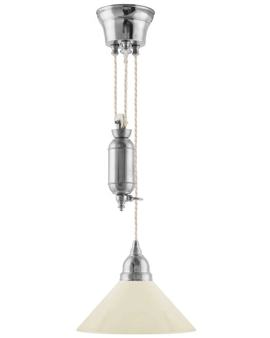 Karlskrona Lampfabrik Skomakarlampor Med Hiss|Skomakarlampor|Taklampa - Skomakarhiss nickel med hög benvit skärm 25 cm