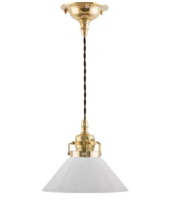 Karlskrona Lampfabrik Skomakarlampor|Taklampa - Skomakarsladd mässing, liten vit skärm 15 cm