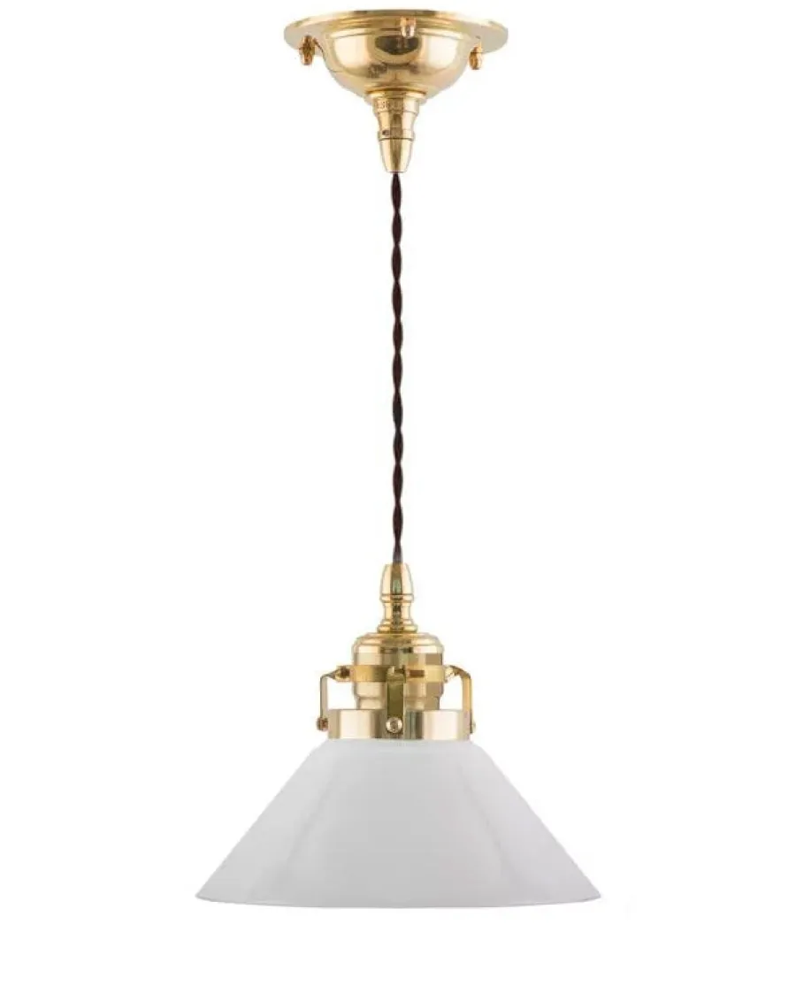 Karlskrona Lampfabrik Skomakarlampor|Taklampa - Skomakarsladd mässing, liten vit skärm 15 cm