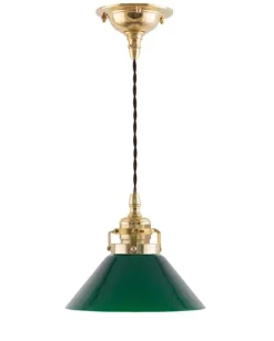 Karlskrona Lampfabrik Skomakarlampor|Taklampa - Skomakarsladd mässing, liten grön skärm 15 cm