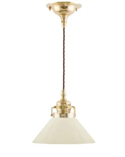 Karlskrona Lampfabrik Skomakarlampor|Taklampa - Skomakarsladd mässing, liten benvit skärm 15 cm