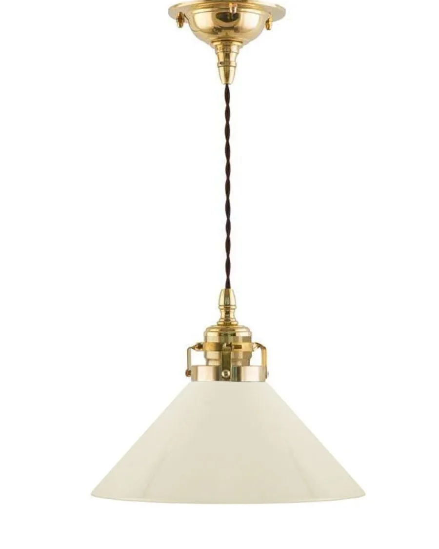 Karlskrona Lampfabrik Skomakarlampor|Taklampa - Skomakarsladd mässing, hög benvit skärm 25 cm