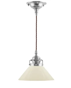 Karlskrona Lampfabrik Skomakarlampor|Taklampa - Skomakarsladd nickel med liten benvit skärm 15 cm