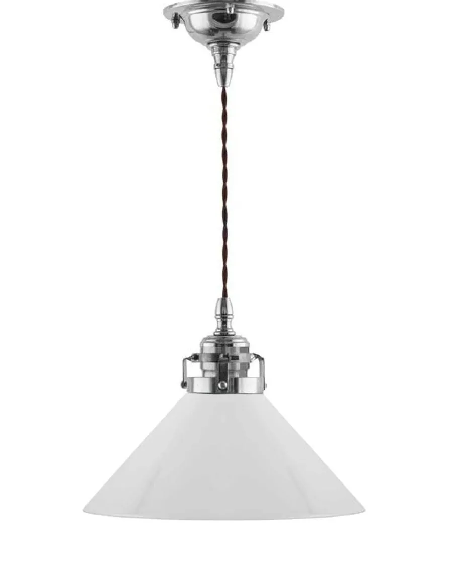 Karlskrona Lampfabrik Skomakarlampor|Taklampa - Skomakarsladd nickel med hög vit skärm 25 cm