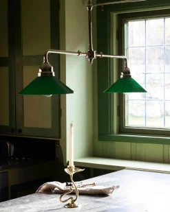 Karlskrona Lampfabrik Spelbordslampor|Stora Taklampor|Taklampa - Spelbordslampa mässing, gröna skärmar