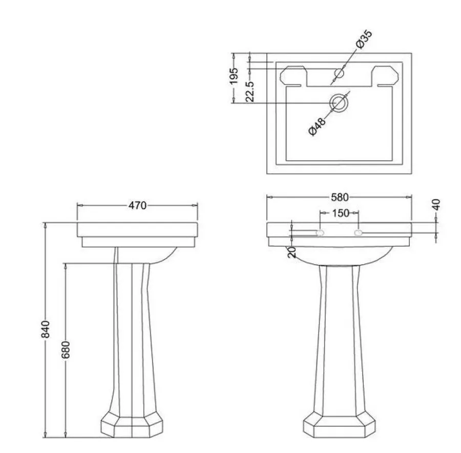 Badex AB Tvättställ Med Pelare|Tvättställ|Tvättställ - Burlington Clean 58 cm med piedestal