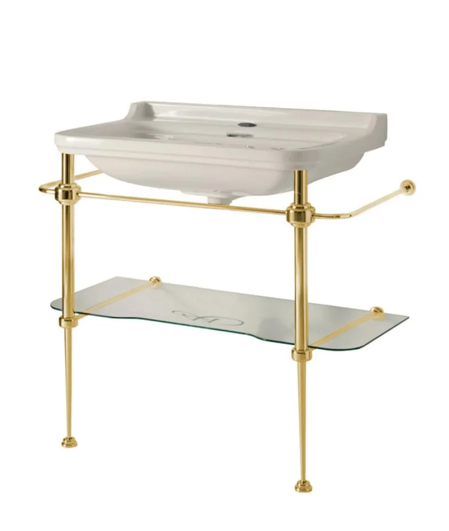 KERASAN S.R.L. Tvättställ|Tvättställ Med Ställning|Tvättställ på guldställning med glashylla - Art Deco 88 cm