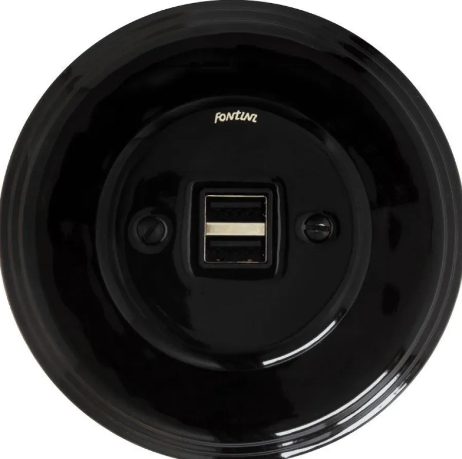 Fontini S.A. Infällda Strömbrytare|Vägguttag Usb|USB-uttag svart porslin - Fontini infällt