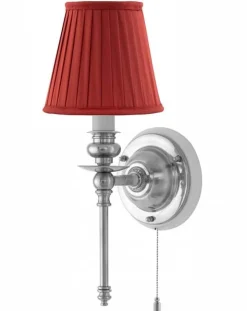 Karlskrona Lampfabrik Vägglampor I Nickel|Vägglampor Med Tygskärm|Vägglampa - Ribbing nickel, röd skärm