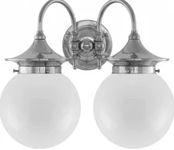 Karlskrona Lampfabrik Vägglampor I Nickel|Vägglampor Med Två Armar|Vägglampa - Tigerstedt nickel, opalvita klot