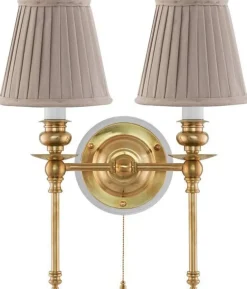 Karlskrona Lampfabrik Vägglampor Med Två Armar|Vägglampor I Mässing|Vägglampa - Wivallius mässing, beige tygskärm